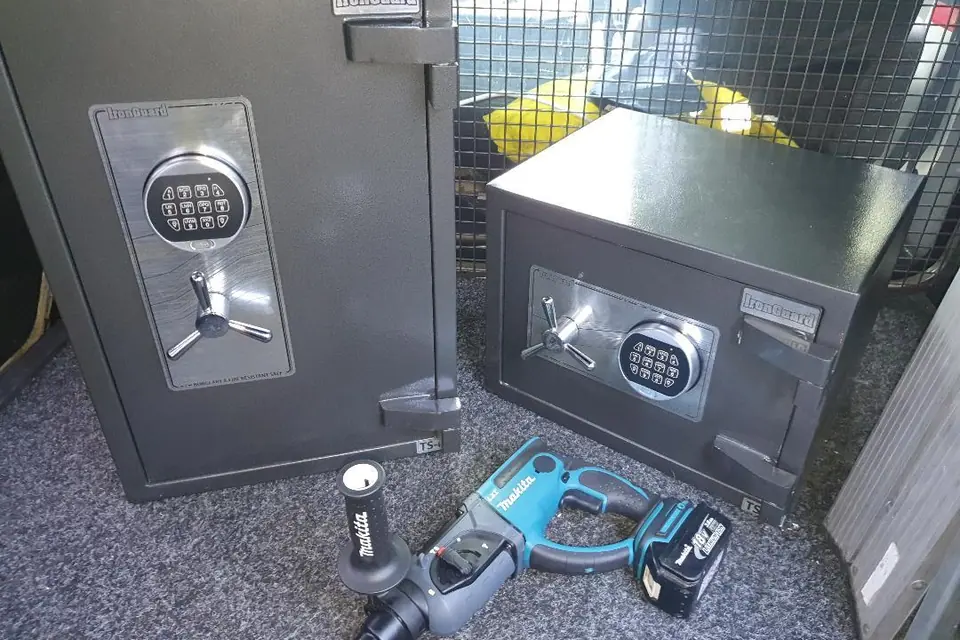 Two digital keypad safes in the Shield Lock and Key van ready for bolt-down installation in Perth